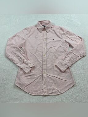 SOLD Ralph Lauren Oxford flesh pony shirt women’s Sz small striped pink button